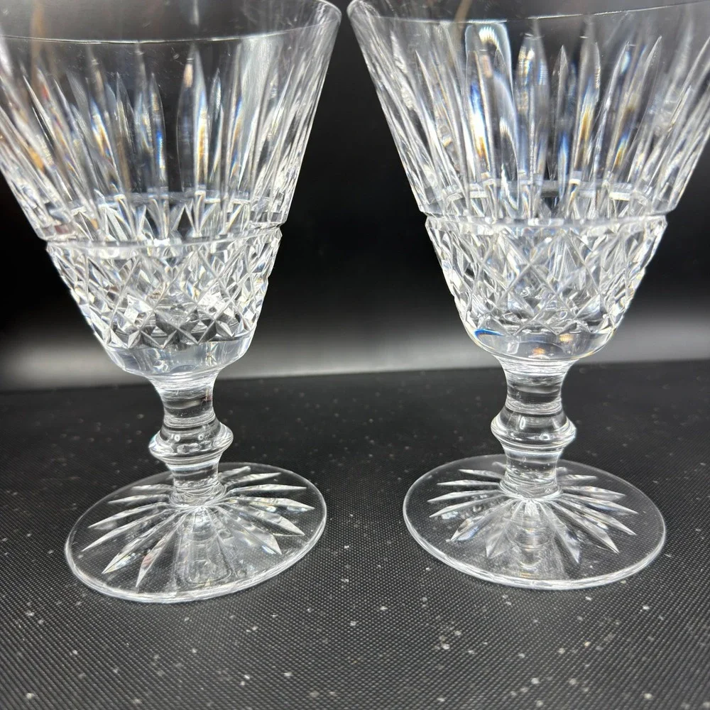 Waterford Crystal Tramore Tall Cups Glasses Set of 2 Cut Glass Goblets Signed‎
